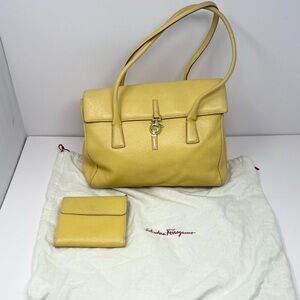 Vintage Salvatore Ferragamo Yellow Leather Gancini Flap Handbag Tote & Wallet